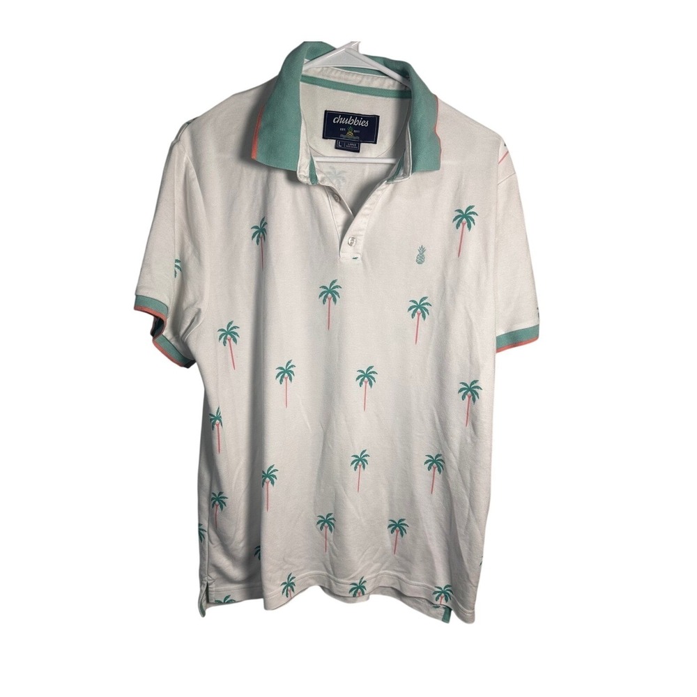 Chubbies Mens Palm Tree Print Polo Shirt White Teal Pink Rayon Blend Large
